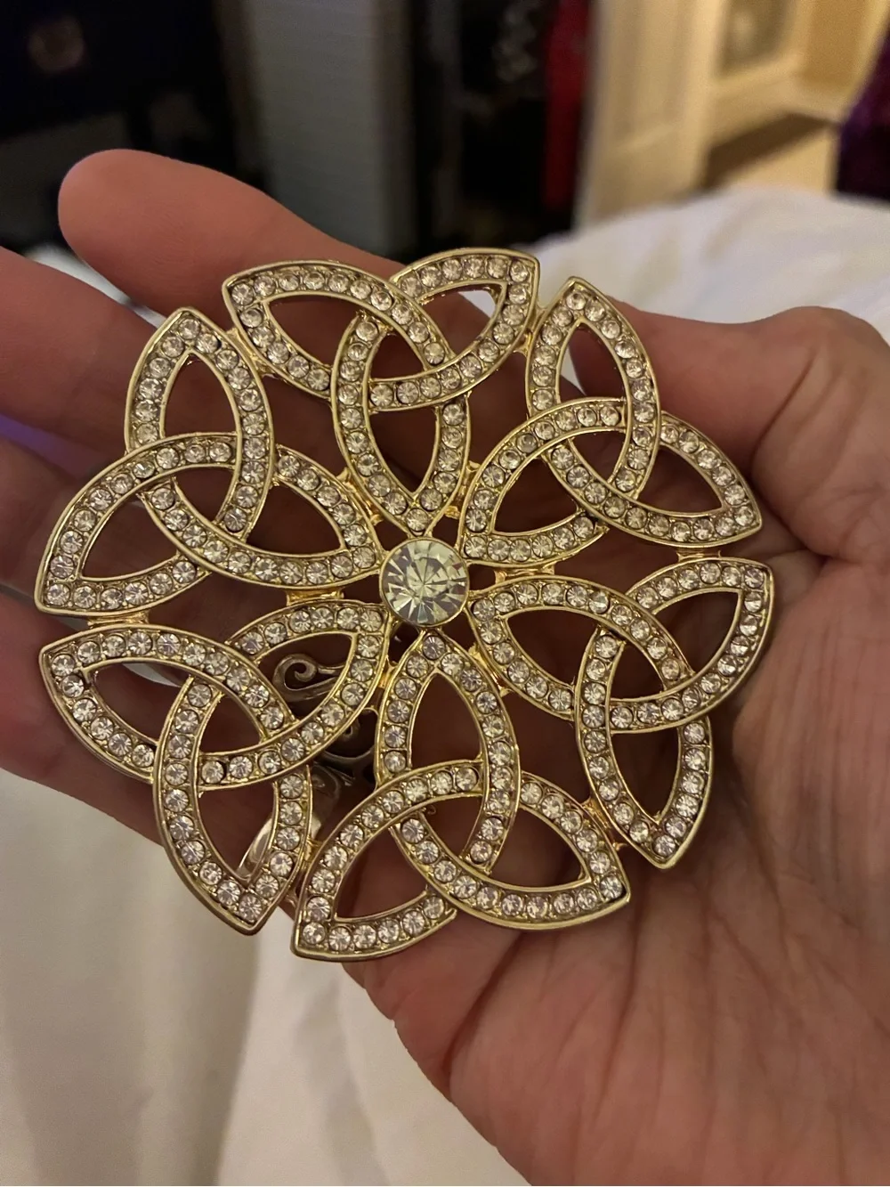 Vintage Gold -tone and Crystal Large  Statement Brooch -Celtic Knot